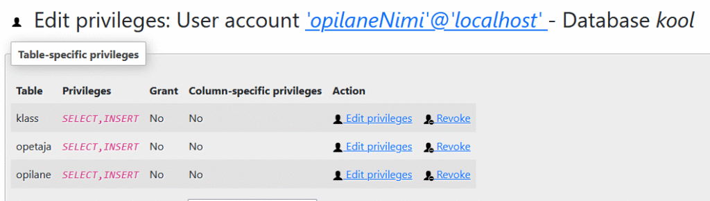 Kasutaja õiguste määramine